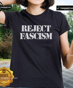 Official Reject Fascism Ladies Tee featuring bold text design in a stylish fit, perfect for promoting social justice.