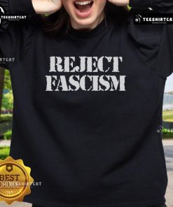Official Reject Fascism Sweatshirt featuring bold anti-fascist graphics and a comfortable fit for activism and everyday wear.