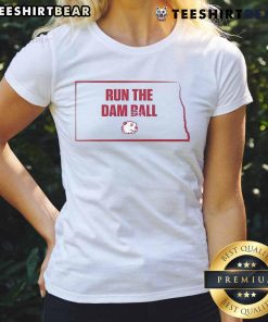 Alt Text: Official Run The Damn Ball Minot State Beavers ladies tee featuring team colors and logo for fans and supporters.