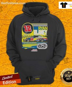 Official Ryan Blaney Checkered Flag Sports Navy Menards Throwback Car Hoodie featuring Darlington Raceway design.