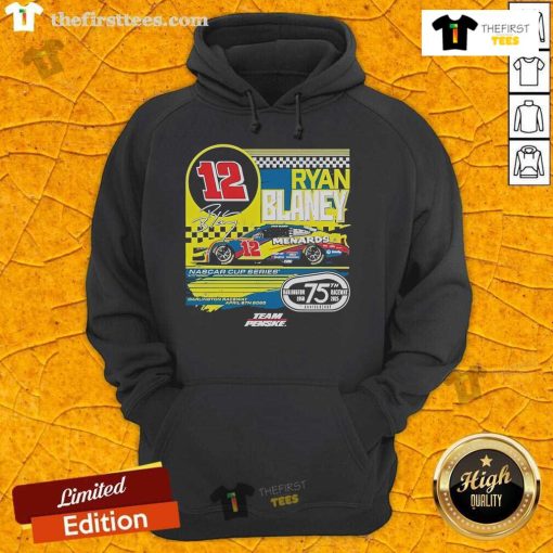 Official Ryan Blaney Checkered Flag Sports Navy Menards Throwback Car Hoodie featuring Darlington Raceway design.