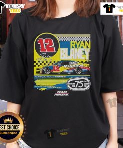 Alt Text: Official Ryan Blaney checkered flag sports navy Menards Darlington Raceway throwback car ladies tee shirt design.