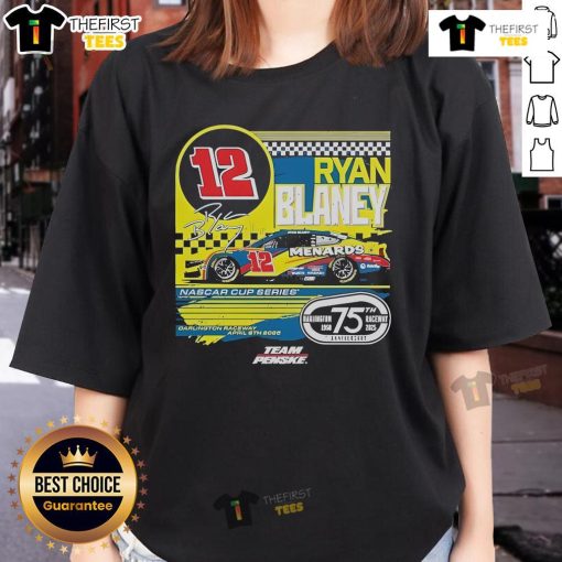 Alt Text: Official Ryan Blaney checkered flag sports navy Menards Darlington Raceway throwback car ladies tee shirt design.