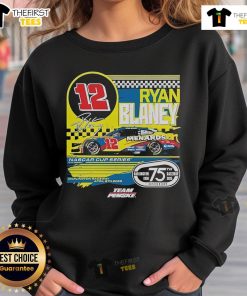 Alt Text: Ryan Blaney checkered flag sweatshirt in navy, featuring Menards logo, perfect for Darlington Raceway throwback fans.