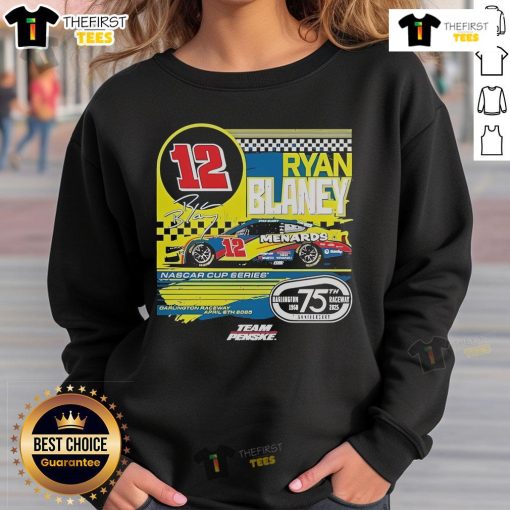 Alt Text: Ryan Blaney checkered flag sweatshirt in navy, featuring Menards logo, perfect for Darlington Raceway throwback fans.