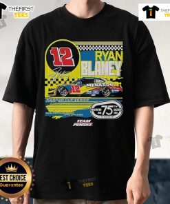 Official Ryan Blaney Checkered Flag T-Shirt featuring Menards design for Darlington Raceway Throwback, Navy blue, men's apparel.