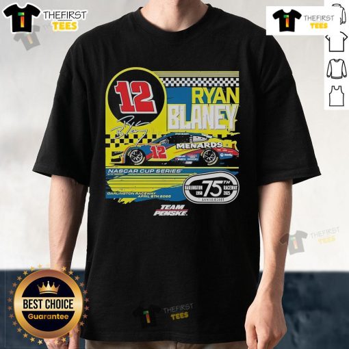 Official Ryan Blaney Checkered Flag T-Shirt featuring Menards design for Darlington Raceway Throwback, Navy blue, men's apparel.
