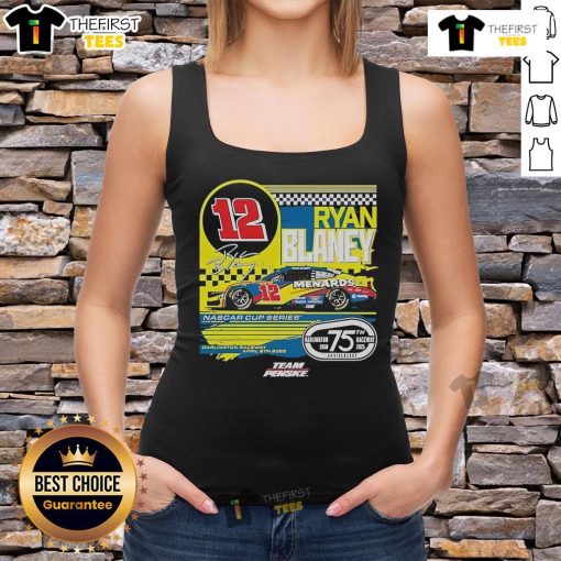 Alt Text: Official Ryan Blaney checkered flag tank top featuring Menards Darlington Raceway throwback car design.