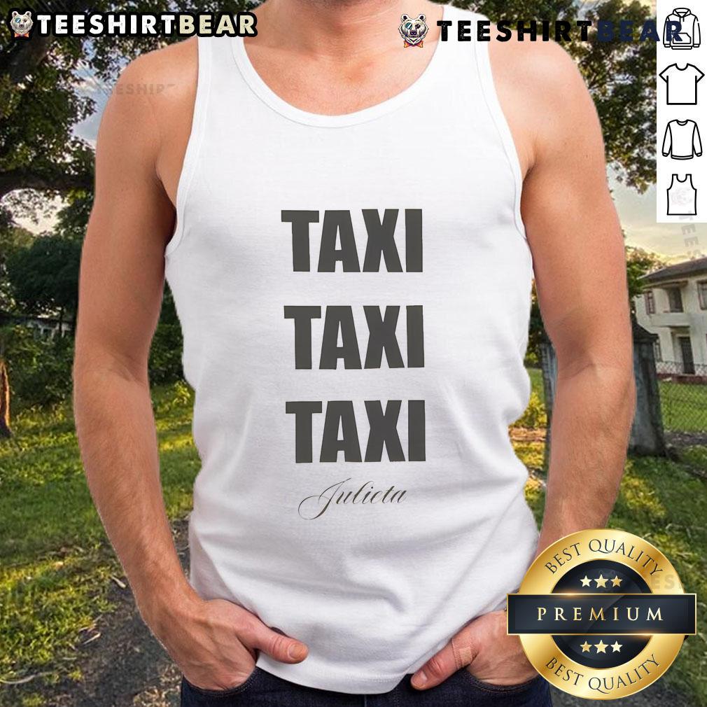 Official Sabrina Carpenter Taxi Taxi Taxi Julieta Tank Top Official Sabrina Carpenter in a stylish Julieta tank top, posing in a taxi for 'Taxi Taxi Taxi' promotional image.