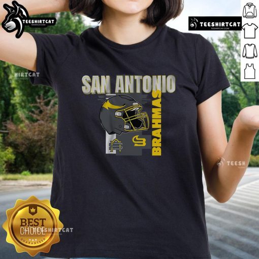 Alt Text: Official San Antonio Brahmas helmet frame ladies tee featuring team logo and stylish design for fans.