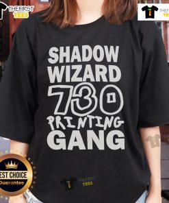 Official Shadow Wizard 730 Printing Gang Ladies Tee featuring bold graphics and stylish design for casual wear.