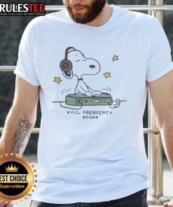 Official Snoopy DJ Full Frequency Sound T-Shirt featuring Snoopy as a DJ with vibrant graphics and a cool design.