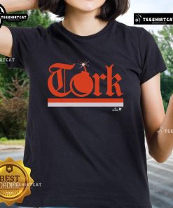 Official Spencer Torkelson Tork Bomb Ladies Tee featuring vibrant graphics, perfect for baseball fans and stylish wear.
