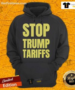 Official Stop Trump Tariffs 2025 Hoodie featuring bold text design, perfect for supporters of fair trade policies.