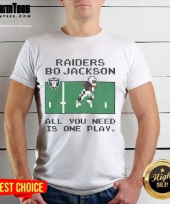Alt Text: Official Tecmo Bowl Raiders Bo Jackson T-Shirt featuring 'All You Need Is One Play' slogan in bold design.