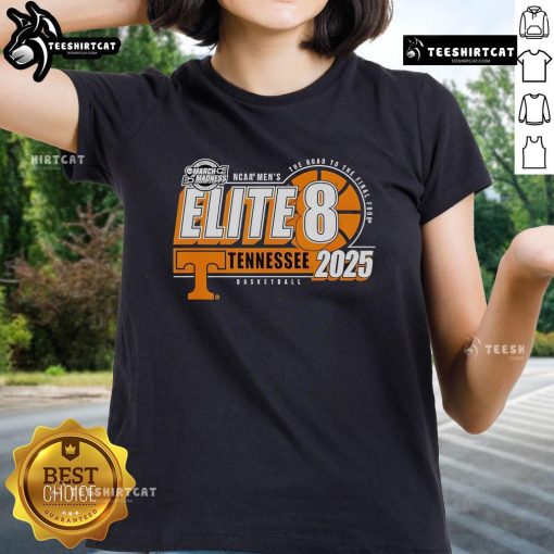 Alt Text: Official Tennessee Volunteers Elite 8 2025 Men's Basketball Ladies Tee featuring team colors and logo.