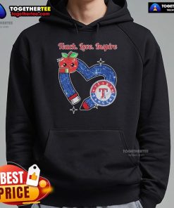 Official Texas Rangers Teacher Hoodie - Teach, Love, Inspire design in heart print, perfect for dedicated educators.