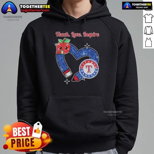 Official Texas Rangers Teacher Hoodie - Teach, Love, Inspire design in heart print, perfect for dedicated educators.
