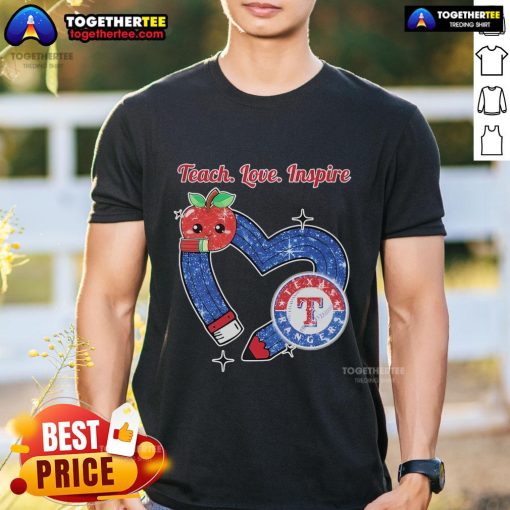 Official Texas Rangers Teacher T-Shirt featuring 'Teach Love Inspire' heart design, perfect for educators and Rangers fans.