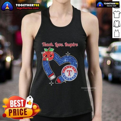 Alt Text: Official Texas Rangers Teacher Teach, Love, Inspire Heart Tank Top, perfect for passionate educators and fans.