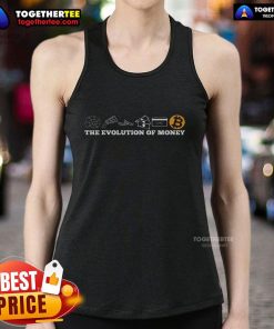 Official 'The Evolution of Money' Bitcoin BTC Crypto Tank Top design featuring vibrant graphics and cryptocurrency themes.