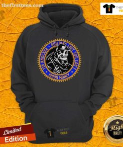 Official Tin Knocker Building hoodie featuring a skeleton design, perfect for union workers and casual wear.
