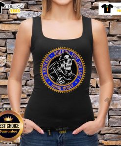 Official Tin Knocker Building Shit You Can't Union Money Skeleton Tank Top design featuring a skeleton and bold text.