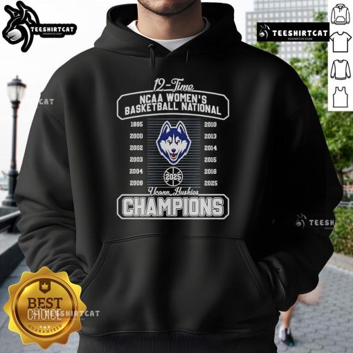 UConn Huskies Fanaticity 2025 NCAA Women's Basketball National Champions hoodie showcasing team pride and championship celebration.