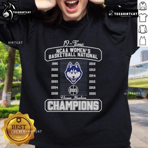 Alt Text: Official UConn Huskies Fanaticity 2025 NCAA Women's Basketball National Champions sweatshirt in navy blue.