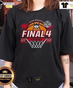Official UConn Huskies Final Four 2025 women's basketball net ladies tee featuring team logo and vibrant design.