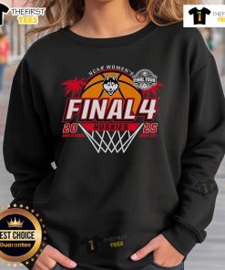 Official UConn Huskies Final Four 2025 Women's Basketball net sweatshirt featuring team colors and logo.