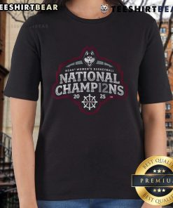 Alt Text: Official UConn Women's Basketball 2025 NCAA Champions logo on a stylish ladies tee celebrating the championship victory.