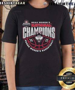 Alt Text: Official UConn Women's Basketball National Champions traditional ladies tee in navy blue, celebrating the team's victory.