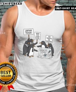 Protest tank top featuring 'Make Fish Cheap Again' slogan against tariffs on Antarctic exports, promoting unfair trade awareness.