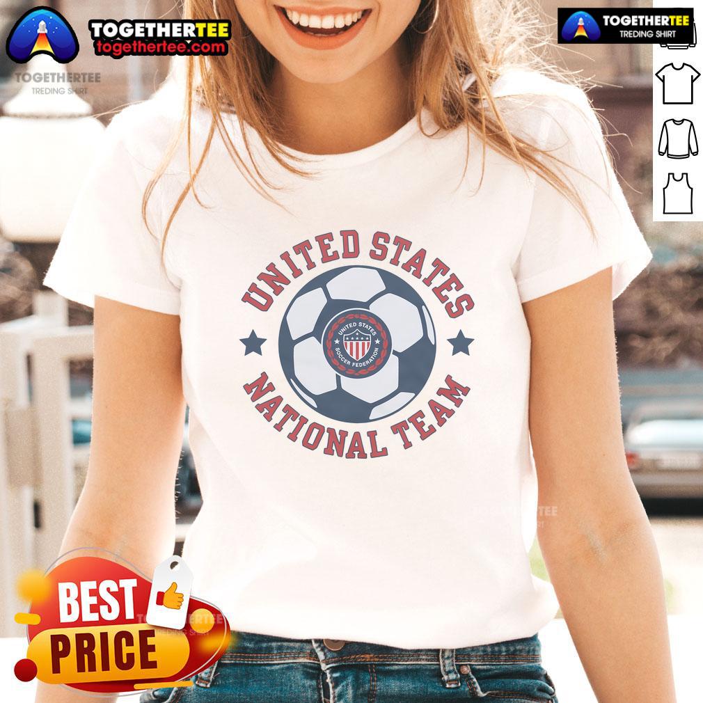 Official United States National Team 1986 Crest Ladies Tee Official United States National Team 1986 crest on a women's tee, showcasing vintage soccer style and patriotic design.