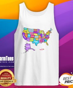 Colorful map of the United States featuring state names, printed on a stylish tank top for a fun, casual look.