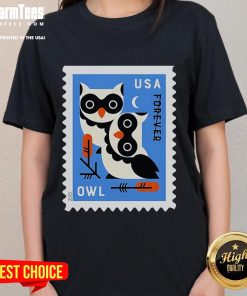Official USA Owl Stamp Ladies Tee featuring a vibrant owl graphic and stylish design for nature lovers.