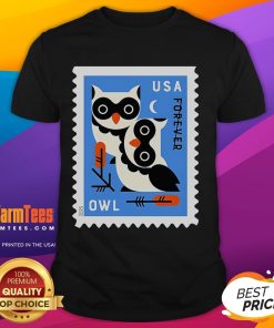 Official USA Owl Stamp T-Shirt featuring a colorful owl design, perfect for nature lovers and stamp collectors.