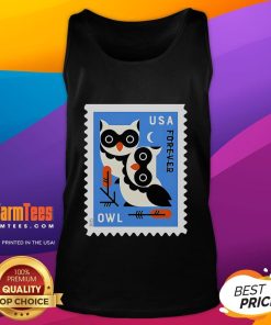 Official USA Owl Stamp Tank Top featuring a vibrant owl design, perfect for casual summer wear and owl enthusiasts.