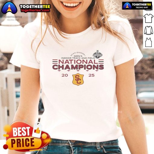 Alt Text: Official USC Trojans Indoor Track and Field National Champs 2025 Ladies Tee showcasing team spirit and athletic pride.