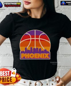 Vintage Phoenix Basketball Skyline Logo on a stylish ladies tee for fans and sports enthusiasts.