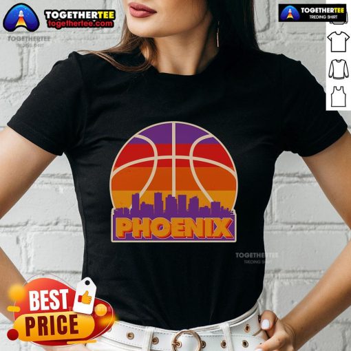 Vintage Phoenix Basketball Skyline Logo on a stylish ladies tee for fans and sports enthusiasts.