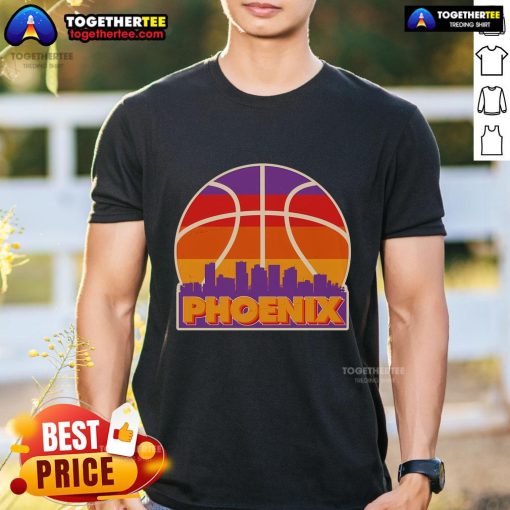 Official Vintage Phoenix Basketball Skyline Logo T-Shirt featuring a retro design and vibrant city skyline graphics.