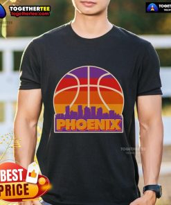 Official Vintage Phoenix Basketball Skyline Logo T-Shirt featuring a retro design and vibrant city skyline graphics.