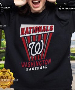 Alt Text: Official Washington Nationals baseball starter sweatshirt in red, featuring team logo, perfect for fans and chilly days.