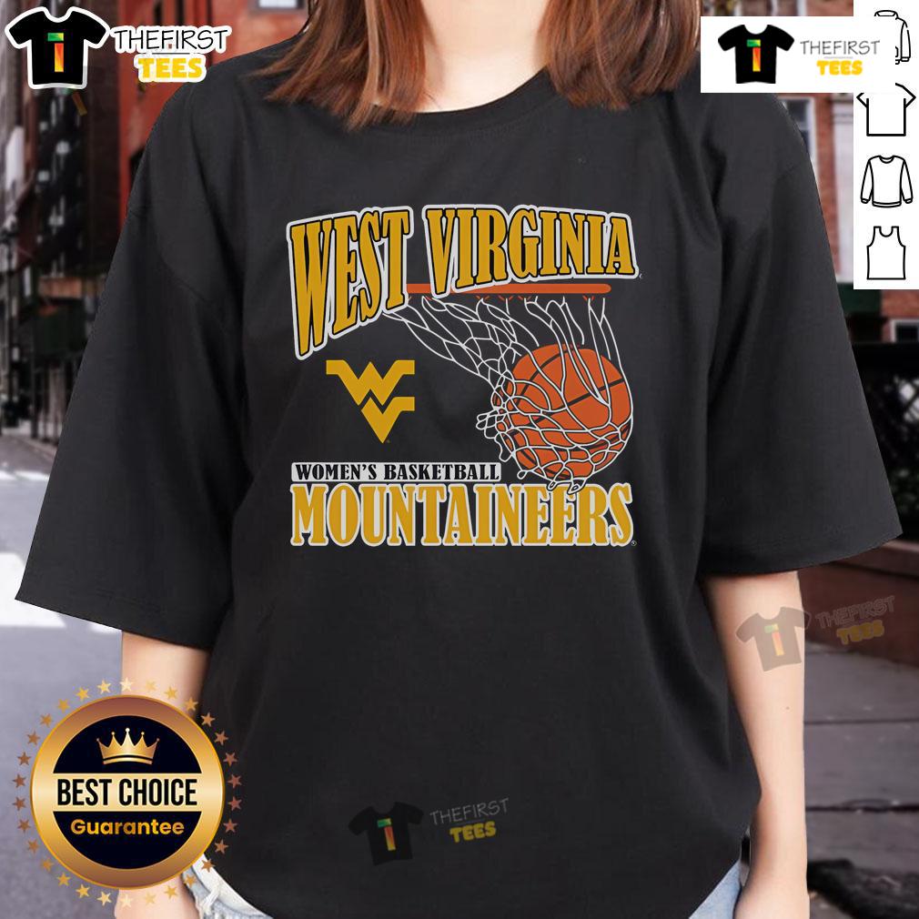 Official West Virginia Mountaineers 2025 W Basketball Net Ladies Tee Alt Text: Official West Virginia Mountaineers 2025 Women's Basketball Net Ladies Tee featuring vibrant team colors and logo.