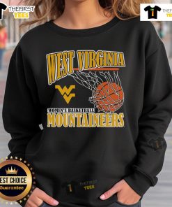 Official West Virginia Mountaineers 2025 Women's Basketball Net Sweatshirt in navy blue with team logo.