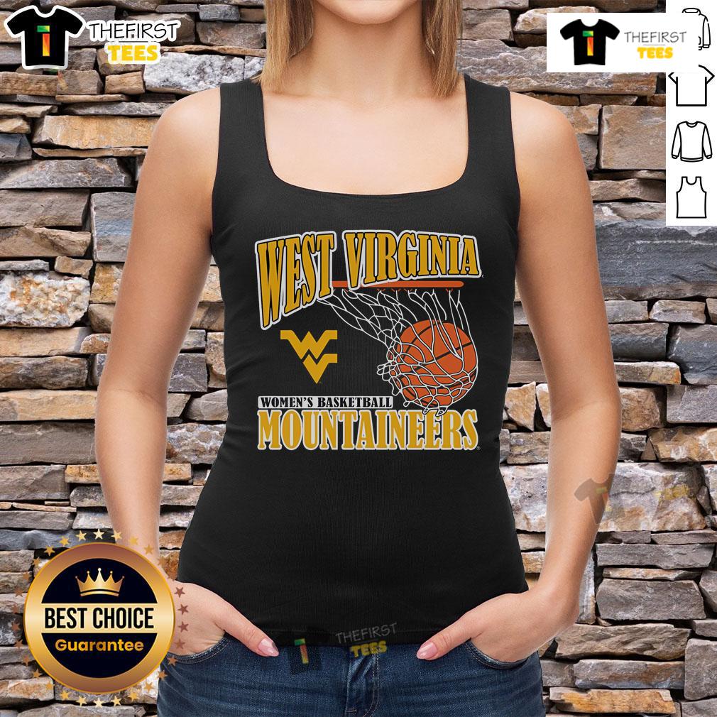 Official West Virginia Mountaineers 2025 W Basketball Net Tank Top Alt Text: Official West Virginia Mountaineers 2025 women's basketball net tank top featuring team colors and logo design.