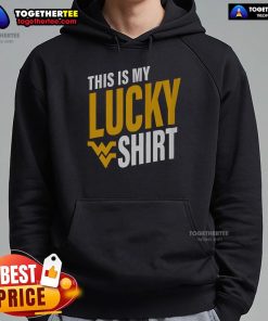 Alt Text: Official West Virginia Mountaineers hoodie featuring a bold 'This Is My Lucky Hoodie' design for fans.