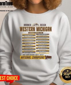 Western Michigan Broncos 2025 NCAA Frozen Four Men's Ice Hockey National Champions sweatshirt featuring team logo.